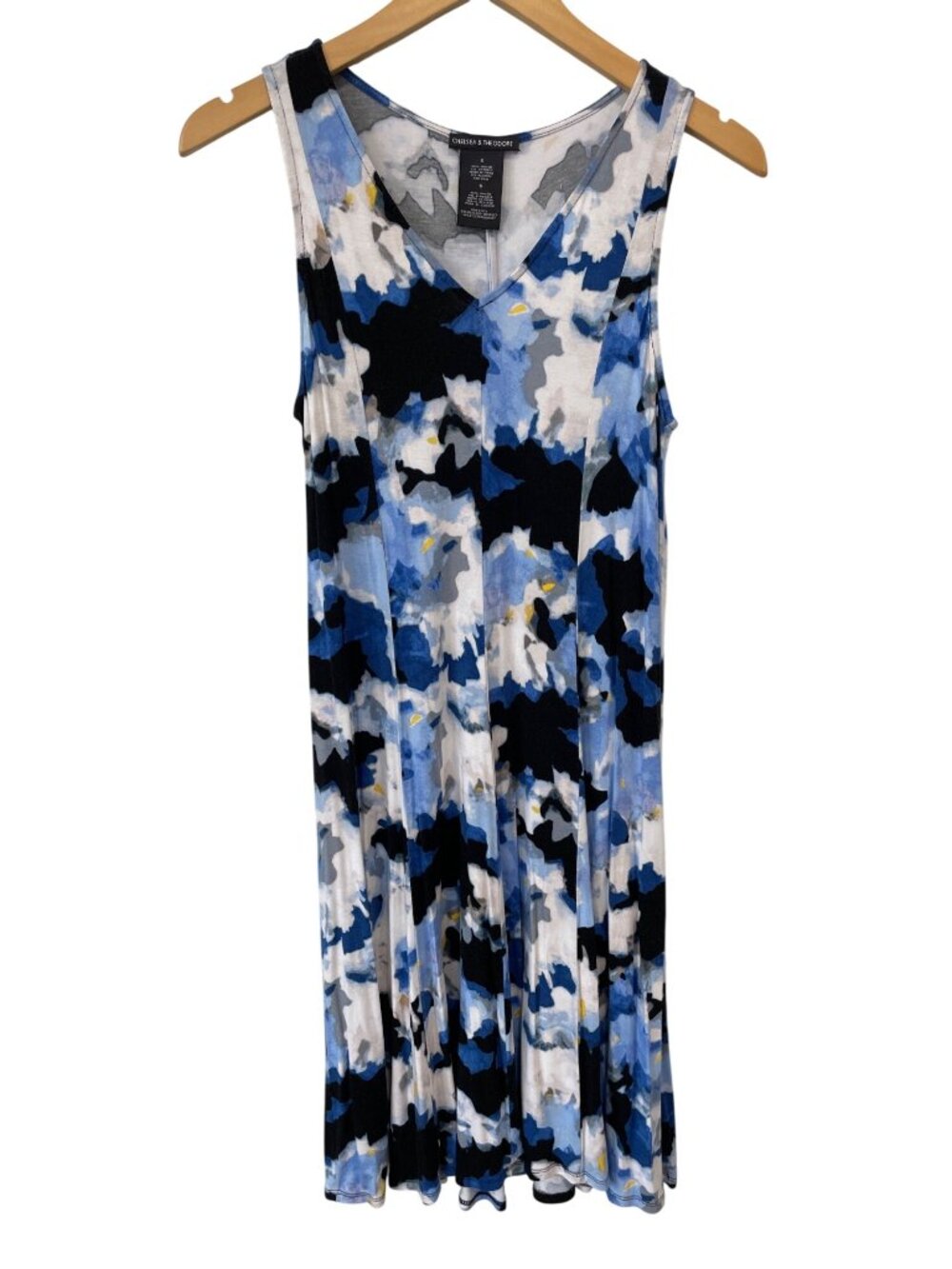 Chelsea & Theodore Tank Dress Small Sleeveless V-Neck Watercolor Blue White Boho
